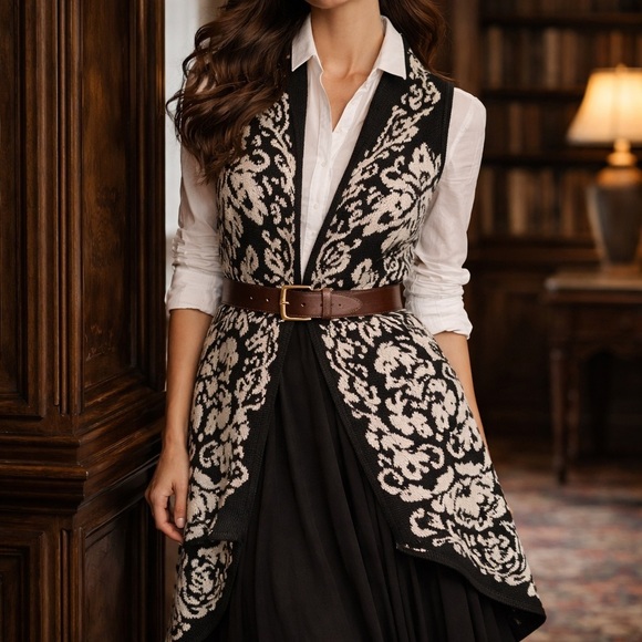 BCBGMaxAzria Jackets & Blazers - BCBGMAXAZRIA Black Ivory Tapestry Knit Vest Small | Layered Heritage Chic